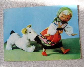 1966 USSR Postcard, Russian Dolls, Vintage Paper Ephemera, Multicolor Art, Traditional Post card from the Era of Communism, Collectibles