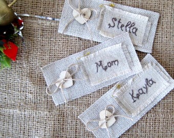 Personalized Heart Fabric Tag, Sewing Name Tag, Primitive Embroidery Label, Handmade Burlap Label, Custom Name Tag, Rustic Gift Supplies