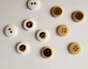 Bottoni vintage in plastica e metallo, bottoni bianchi e avorio con fori, 10 bottoni rotondi di lusso per cucito da 0,7", bottone bianco e oro, forniture per artigianato