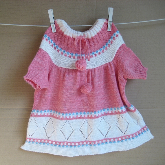 Vintage 80's Baby Girl Knit Summer Dress, White P… - image 1