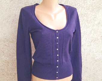 Vintage Machine Knit Jacket, Dark Purple Tricot Cardigan, Long Sleeve Buttons Vest, Classic Womens Blouse, Elegant Tricot Coat, S 6 US 8 UK