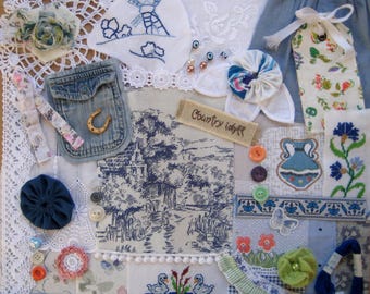 Kit per cucito lento a tema country nei toni del blu e del bianco, confezione di bottoni in pizzo vintage, kit per junk journal, ritagli di pizzo in tessuto, anni '70 e '90