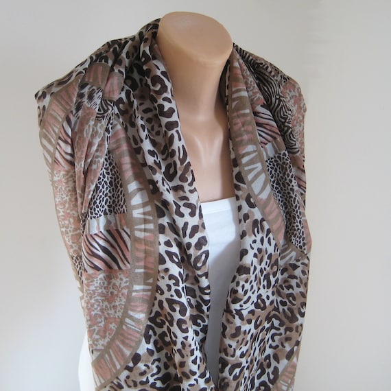Vintage infinity scarf cowl, beige brown leopard … - image 1