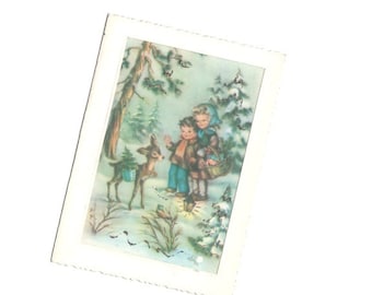 Cartolina bulgara d'epoca, scena di foresta in rilievo con glitter, fiaba invernale per bambini, Natale rustico, 1966