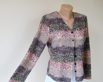 Vintage knitwear mesh jacket, pastel colors women cardigan, striped flowers glitter coat, long sleeve buttons sweater, M 10 US 12 UK