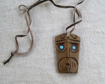Vintage Boho Necklace Wood Pendant, Hand Carved Jewelry Earth tones, Beads Wood Leather Tribal Accessories, Beach Fashion