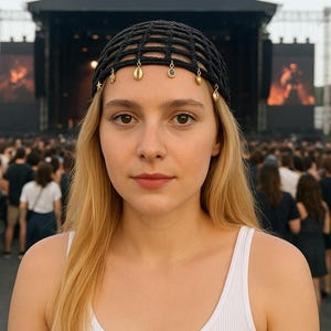 May include: A black woven head covering with gold-colored charms is worn by a person with blonde hair and a white tank top. The background shows a stage and a crowd of people, suggesting a concert or festival setting.