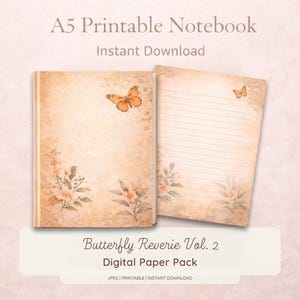 May include: An A5 printable notebook with a vintage design. The cover and open page are decorated with butterflies and floral illustrations. The text "Butterfly Reverie Vol. 2" is displayed on a white banner at the bottom.