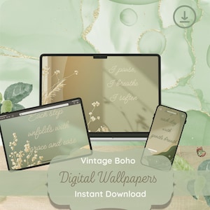 Puede incluir: Fondos de pantalla digitales con un tema boho vintage, mostrados en una tableta, un portátil y un teléfono. Las pantallas presentan citas inspiradoras y detalles florales en una paleta de colores suaves y apagados. El texto dice "Vintage Boho Digital Wallpapers Instant Download".
