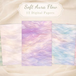 May include: A collection of 12 digital papers with a soft, flowing aura design. The papers feature pastel colors including green, white, purple, blue, and pink. The text "Soft Aura Flow" and "12 Digital Papers" is displayed at the top.