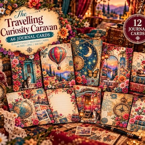 May include: A set of 12 A6 journal cards titled The Travelling Curiosity Caravan, featuring vibrant illustrations of hot air balloons, globes, cats, floral arrangements, and vintage travel motifs on rectangular cards with decorative borders.