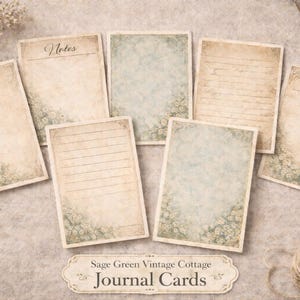 May include: Sage green vintage cottage journal cards with floral accents and aged paper textures. The cards feature lined and blank pages, with the words "Notes" and "Reflection" on some. A label at the bottom reads "Sage Green Vintage Cottage Journal Cards."