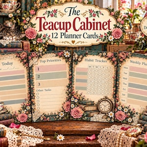 May include: A set of 12 planner cards titled The Teacup Cabinet, featuring floral borders, vintage-style illustrations of teacups, books, and clocks. The cards include sections for Today, Top Priorities, Habit Tracker, and Weekly Plan.