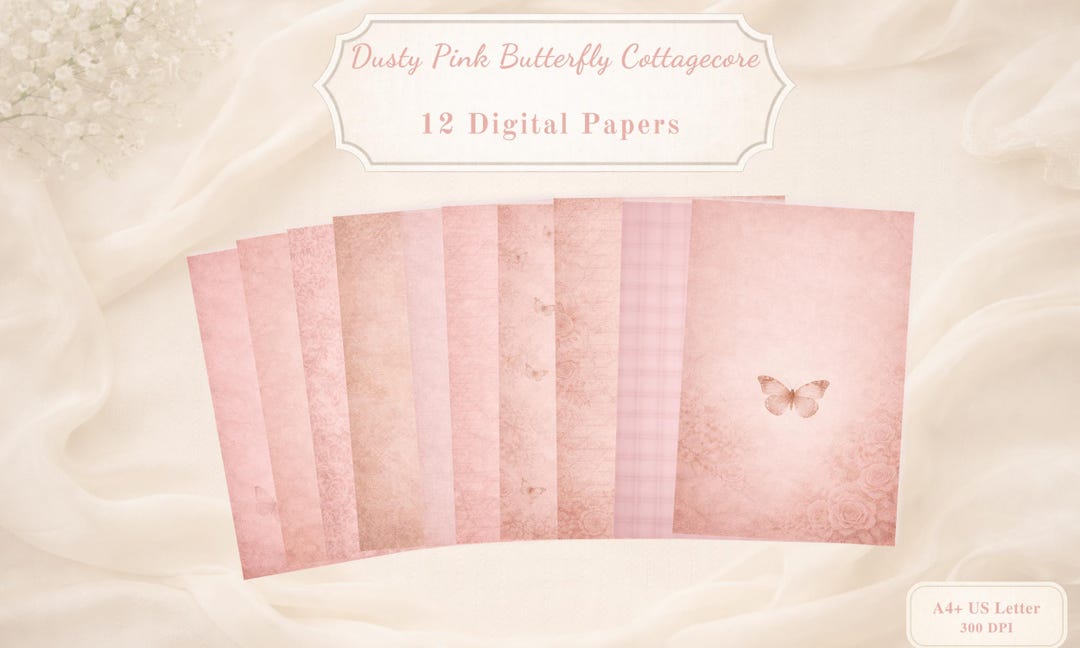 Dusty Pink Butterfly Digital Paper Pack – Vintage Cottagecore Scrapbook ...