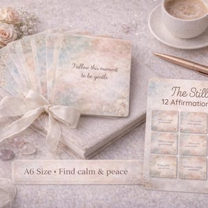 Op de afbeelding: Een set affirmatiekaarten met zachte aquarel achtergronden en de tekst "I allow this moment to be gentle." Een bijpassende kaartenset leest "The Stillness 12 Affirmation Cards." A6-formaat. Vind rust & vrede.