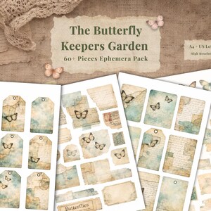 Könnte beinhalten: Eine Sammlung von Ephemera im Vintage-Stil mit Schmetterlingsillustrationen. Das Set enthält Anhänger, Umschläge und Papierfetzen mit Aquarelleffekt. Der Text "The Butterfly Keepers Garden" und "60+ Pieces Ephemera Pack" sind zu sehen.