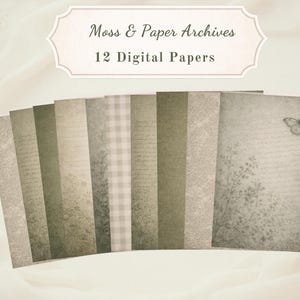 Op de afbeelding: Een verzameling van 12 digitale papieren met een vintage esthetiek. De papieren hebben verschillende texturen en patronen in groen, beige en grijstinten. De bovenkant van de afbeelding heeft een decoratief label met de tekst "Moss & Paper Archives".