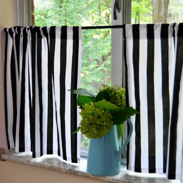 Black and White Stripe Cafe Curtains . LIGHTWEIGHT . Stripe Tiers . Cottage Curtains . Farmhouse . Camper Curtains