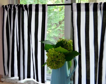 Black and White Stripe Cafe Curtains . LIGHTWEIGHT . Stripe Tiers . Cottage Curtains . Farmhouse . Camper Curtains