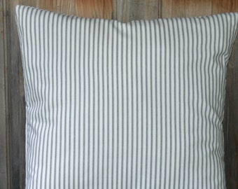 French Gray Stripe Pillow Cover . Farmhouse Cotton Pillow Cover . Stripe Ticking . Zipper Closure . Country Cottage Pillow