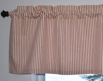 Red Stripe French Ticking Farmhouse Valance . Country Kitchen Valance . French Ticking Red Stripe Curtains . Cabin Valance  Trailer Curtain