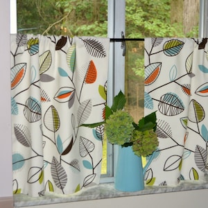 Retro Leaf Cafe Curtains: Covington Carson Fabric, Mid Century Kitchen Tiers