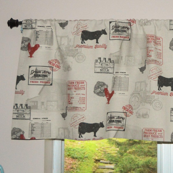 Farmhouse Valance .  Country Kitchen Valance . Cow and Chicken Country Fabric . Red, Charcoal, Gray . Country Farmhouse Curtains