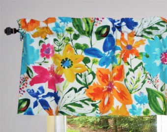 Floral Kitchen Valance . Tropical Floral Curtain Window Topper . Light Cream Background . Turquoise Coral . Please Ask For Custom Size