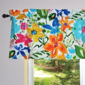 Floral Kitchen Valance . Tropical Floral Curtain Window Topper . Light Cream Background . Turquoise Coral . Please Ask For Custom Size image 1