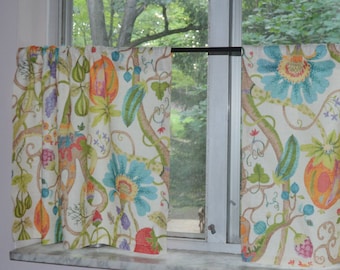 Retro Fruits and Flora Kitchen Cafe Curtains . Tiers . Half Curtains . Covington Tudor . Summer . Linen . Lined or Unlined