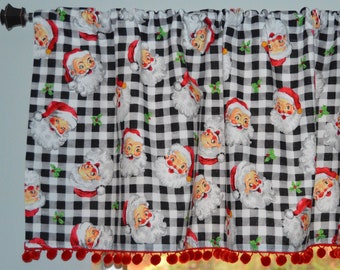 Retro Santa Valance with Red Pom Pom Trim . Gingham Happy Santa Curtains . Lightweight