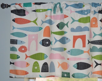 Retro Valance . Mid Century Modern Cat Toys - Colorful Fish . Off White Background . Kitchen Curtains