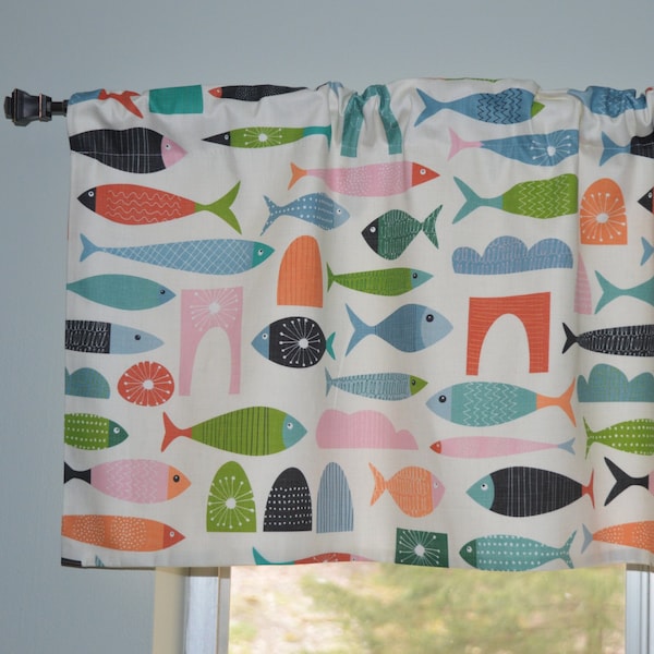 Retro Valance . Mid Century Modern Cat Toys - Colorful Fish . Off White Background . Kitchen Curtains