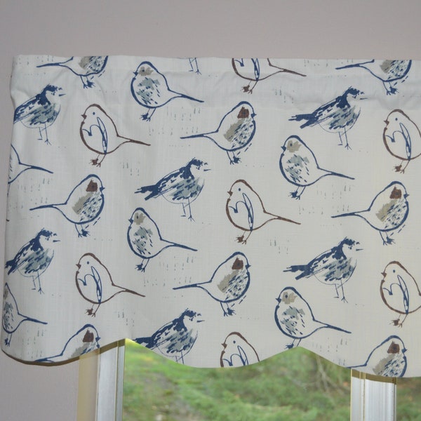 Bird Valance . Bird Curtains . Bird Toile . Scalloped Valance . Scalloped Bird Valance . Fully Lined . Regal Blue, Gray and White Valance .