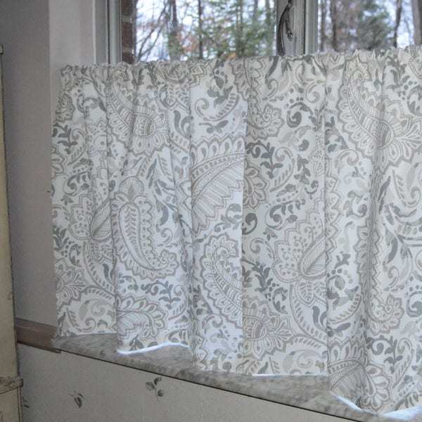 Gray Paisley Cafe Curtains . Premier Prints Shannon Ecru . Gray taupe  Paisley Tiers . Lined or Unlined . Handmade by Seams Original