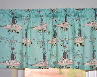 Retro The Cat's Meow Valance . Kitchen Curtains .  Mid Century . MCM . Atomic Tabby . Space-age
