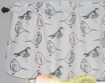 Scarlet Bird Valance . Bird Curtains . Bird Toile . Scalloped Valance . Scalloped Bird Valance . Fully Lined . Red and Gray Bird Curtains