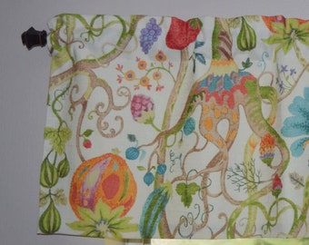 Retro Fruits and Flora Kitchen Valance . Covington Tudor . Summer . Linen . Lined or Unlined