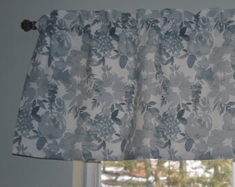 Blue Gray Floral Kitchen Curtain Valance . Zinnia Shy Blue . Faux Linen . Lined or Unlined .  Made in USA