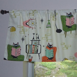 Retro Cozy Cats Den Valance . Kitchen Tabby Cat Curtains . Reading Books Library . Mid Century . Off White Background image 1