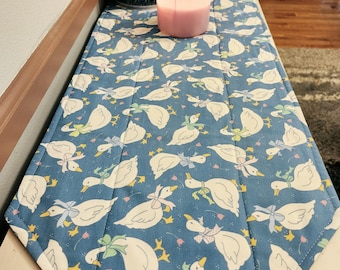 Quilted Goose Table Runner, Reversible, Blue Floral Print, Grandmacore Farmhouse Decor