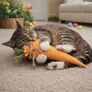 May include: A tabby cat with white paws playfully biting a carrot-shaped toy. The orange toy has white polka dots, a green fabric top, and a twine bow. The cat is lying on a light-colored carpet.