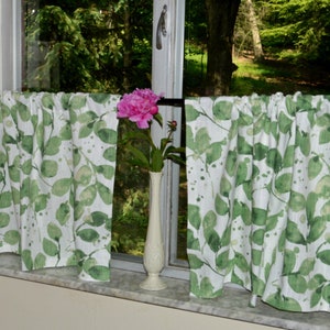 Leaf Cafe Curtains . Green and White Tiers . Nature . Lined or Unlined .  Made in USA