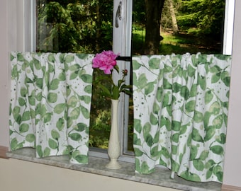 Leaf Cafe Curtains . Green and White Tiers . Nature . Lined or Unlined .  Made in USA