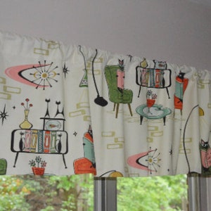 Retro Cozy Cats Den Valance . Kitchen Tabby Cat Curtains . Reading Books Library . Mid Century . Off White Background image 9