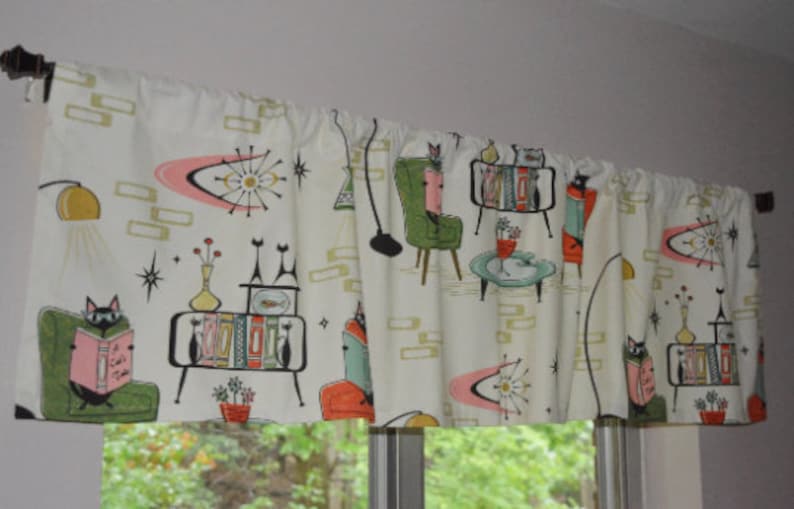 Retro Cozy Cats Den Valance . Kitchen Tabby Cat Curtains . Reading Books Library . Mid Century . Off White Background image 9