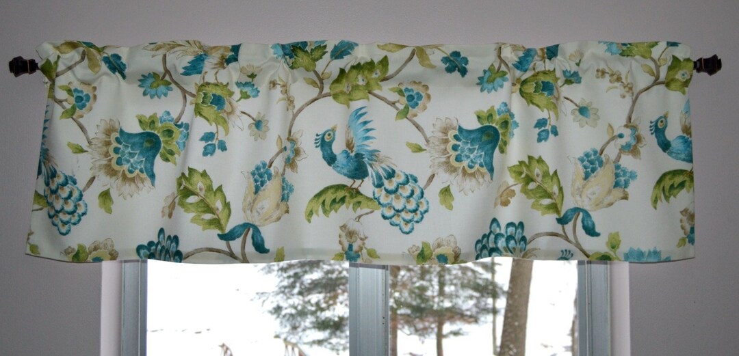 Turquoise Peacock Kitchen Valance . Bird Curtains . Floral Teal Peacock