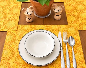 Sunflower Batik Placemats . Reversible Quilted Table Decor . Pumpkin Batik Farmhouse Dining Mats