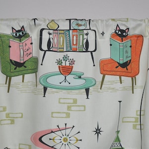 Retro Cozy Cats Den Valance . Kitchen Tabby Cat Curtains . Reading Books Library . Mid Century . Off White Background image 5