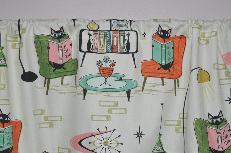 Retro Cozy Cats Den Valance . Kitchen Tabby Cat Curtains . Reading Books Library . Mid Century . Off White Background image 5